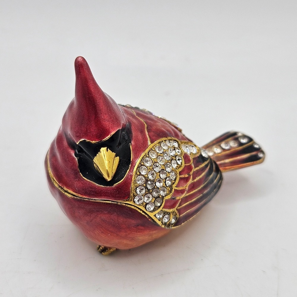 Vintage Kingspoint Designs Cardinal Bird Trinket Box Red Enamel Rhinestone